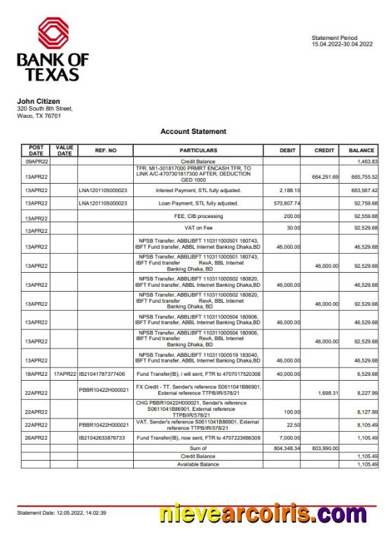 USA Bank of Texas account statement